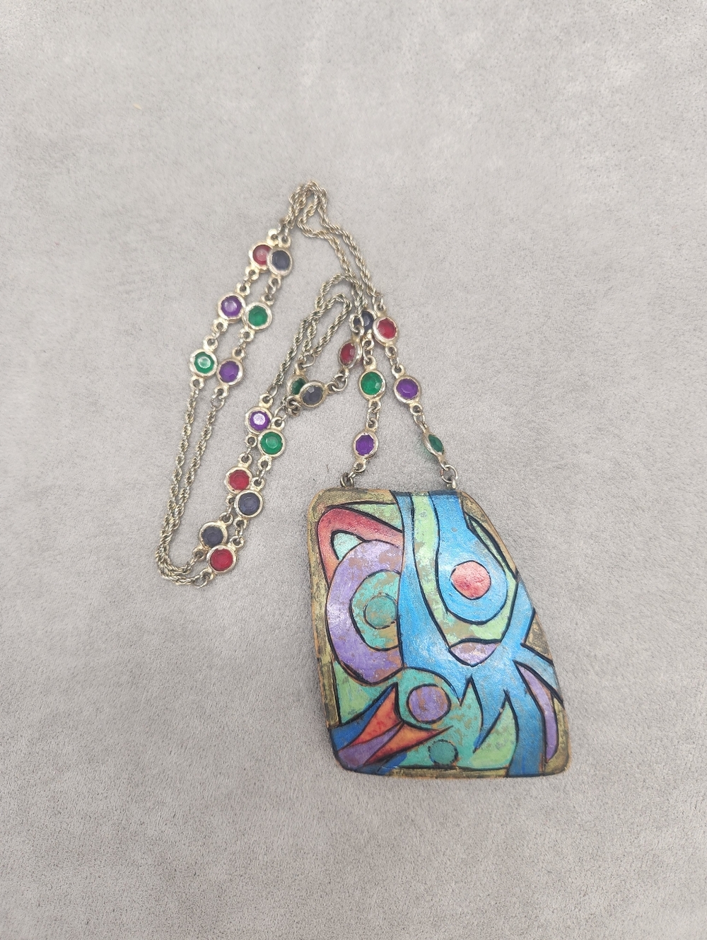 Artsy Chain Necklace 26" Chunky Pendant Handpainted Coconut Cat Owl Folk Boho